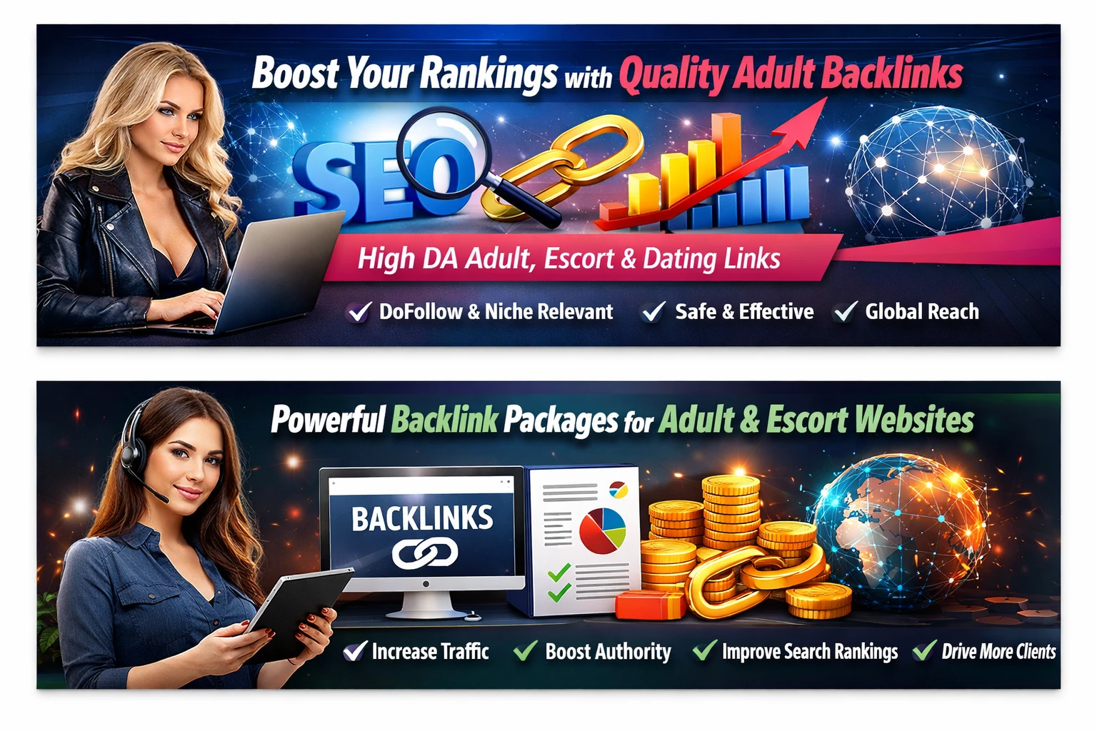 Premium adult backlinks promotional banner for escort, adult, cam and dating website SEO services